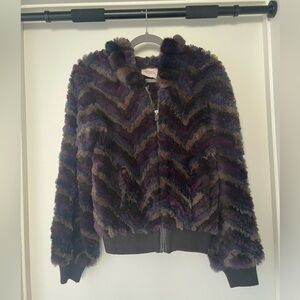 Matthew Williamson Rabbit Fur Chevron Hooded Fur Coat Jacket Medium